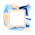 Blue and golden glitter swash, white square border. Paint smear premade card composition