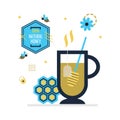 Blue and golden hot honey tea with hundred percent natural honey emblem icons