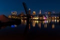 Blue / Golden Hour / Sunset - Cleveland, Ohio Skyline with Bridges Royalty Free Stock Photo