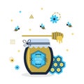 Blue and golden hundred percent natural honey jar with little bees and signs and symbols