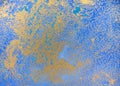 Blue and golden liquid texture, watercolor hand drawn marbling illustration, abstract background Royalty Free Stock Photo