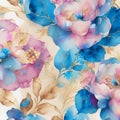Blue, golden and pink watercolor flowers with stems and leaves. Watercolor art background Royalty Free Stock Photo
