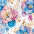 Blue, golden and pink watercolor flowers with stems and leaves. Watercolor art background Royalty Free Stock Photo