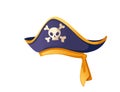 Blue and golden pirate hat with skull and bones vector illustration isolated on white background