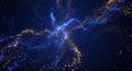 Blue and golden sparkling particle wave forming abstract cosmic pattern on soft background Royalty Free Stock Photo