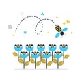 Blue and golden top view flying honey bee icon with signs and symbols