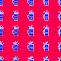 Blue Golf bag with clubs icon isolated seamless pattern on red background. Vector