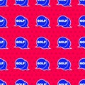 Blue Golf label icon isolated seamless pattern on red background. Vector