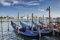 Blue gondolas in Venice and view of the sea and the palace at sunset