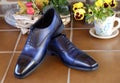 Blue goodyear welted leather mens wedding shos with a leather sole