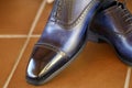 Blue goodyear welted leather mens wedding shos with a leather sole