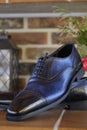 Blue goodyear welted leather mens wedding shos with a leather sole