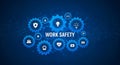 Work safety text with gear icons representing safety measures on a blue gradient background Royalty Free Stock Photo