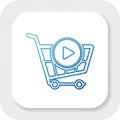 A blue gradient line art icon of a shopping cart with a play button inside. The icon is Royalty Free Stock Photo