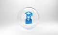 Blue Graduate and graduation cap icon isolated on grey background. Glass circle button. 3D render illustration Royalty Free Stock Photo