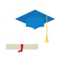 Blue graduation cap and diploma scroll isolated on white ba