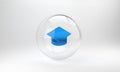 Blue Graduation cap icon isolated on grey background. Graduation hat with tassel icon. Glass circle button. 3D render Royalty Free Stock Photo