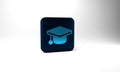 Blue Graduation cap icon isolated on grey background. Graduation hat with tassel icon. Blue square button. 3d Royalty Free Stock Photo