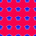 Blue Graduation cap icon isolated seamless pattern on red background. Graduation hat with tassel icon. Vector Royalty Free Stock Photo