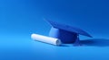 A blue graduation cap sits next to a rolled diploma on a clean blue backdrop. This image captures the essence of achievement and Royalty Free Stock Photo