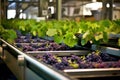 Blue grapes are lying on a conveyor belt at the red wine production facility in the winery. Generative by ai Royalty Free Stock Photo