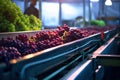 Blue grapes are lying on a conveyor belt at the red wine production