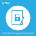Blue Graphic Tablet With Closed Padlock Icon Isolated On Blue Background. Phone With Lock. Mobile Security, Safety