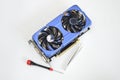 blue graphics card placed on a white background. Royalty Free Stock Photo