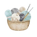 Blue gray beige Crocheting Knitting Shop Logotype, Branding, Avatar composition of yarns balls, crochet hooks in wicker