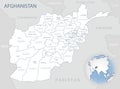 Blue-gray detailed map of Afghanistan administrative divisions and location on the globe