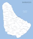 Blue-gray detailed map of Barbados administrative divisions and location on the globe