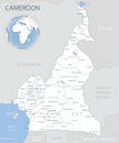 Blue-gray detailed map of Cameroon administrative divisions and location on the globe.