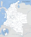 Blue-gray detailed map of Colombia administrative divisions and location on the globe