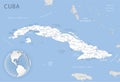 Blue-gray detailed map of Cuba administrative divisions and location on the globe