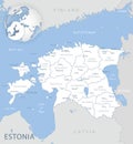 Blue-gray detailed map of Estonia administrative divisions and location on the globe