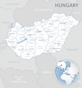 Blue-gray detailed map of Hungary administrative divisions and location on the globe.