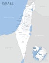 Blue-gray detailed map of Israel and administrative divisions and location on the globe