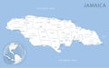 Blue-gray detailed map of Jamaica administrative divisions and location on the globe