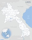 Blue-gray detailed map of Laos administrative divisions and location on the globe