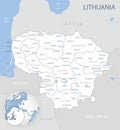 Blue-gray detailed map of Lithuania administrative divisions and location on the globe.