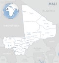 Blue-gray detailed map of Mali administrative divisions and location on the globe