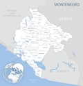 Blue-gray detailed map of Montenegro administrative divisions and location on the globe