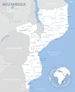 Blue-gray detailed map of Mozambique administrative divisions and location on the globe