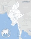 Blue-gray detailed map of Myanmar administrative divisions and location on the globe