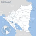 Blue-gray detailed map of Nicaragua and administrative divisions and location on the globe