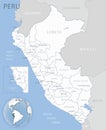 Blue-gray detailed map of Peru administrative divisions and location on the globe.