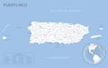 Blue-gray detailed map of Puerto Rico administrative divisions and location on the globe