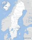 Blue-gray detailed map of Sweden administrative divisions and location on the globe