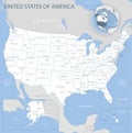 Blue-gray detailed map of USA and administrative divisions and location on the globe. Royalty Free Stock Photo