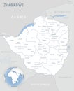 Blue-gray detailed map of Zimbabwe administrative divisions and location on the globe